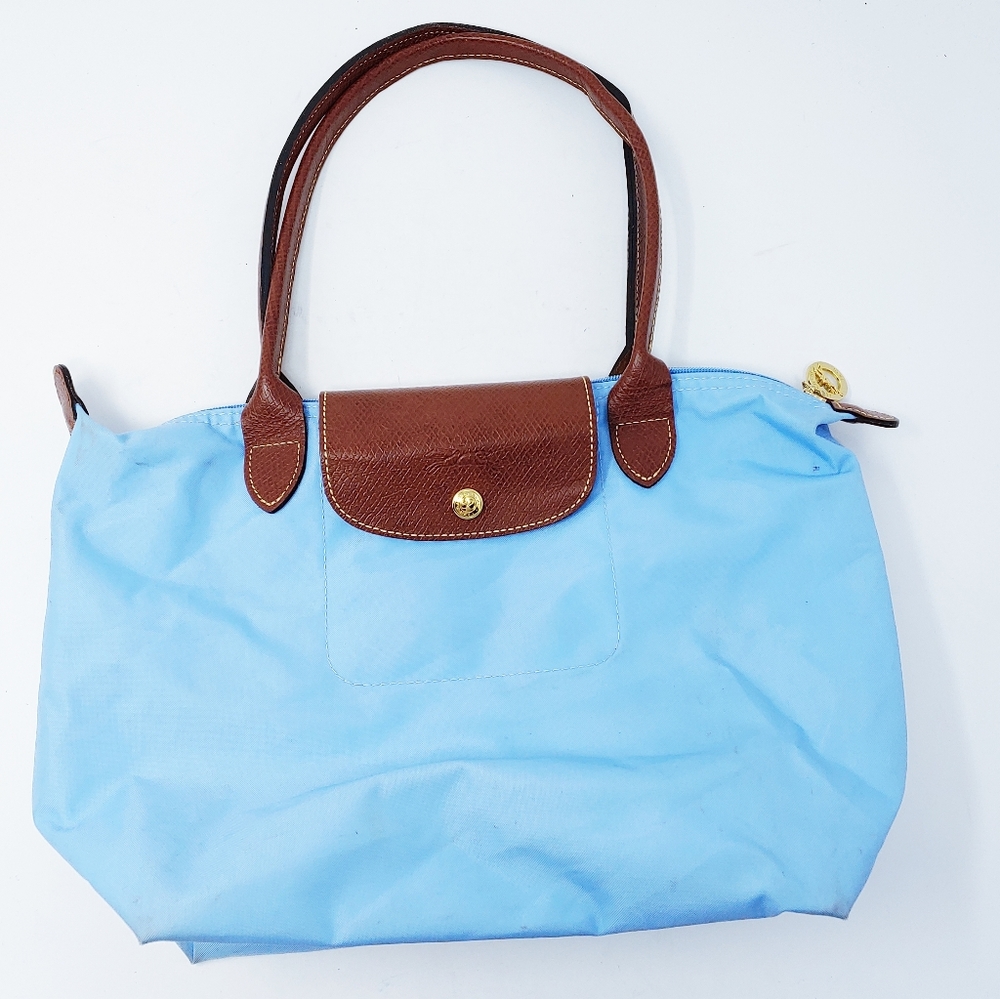 Longchamp Classic Le Pliage Light Sky Blue Brown Small Size Tote Bag